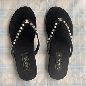 Celine Black Flip-Flops Embellished With Pearls And The Iconic Double C Logo At